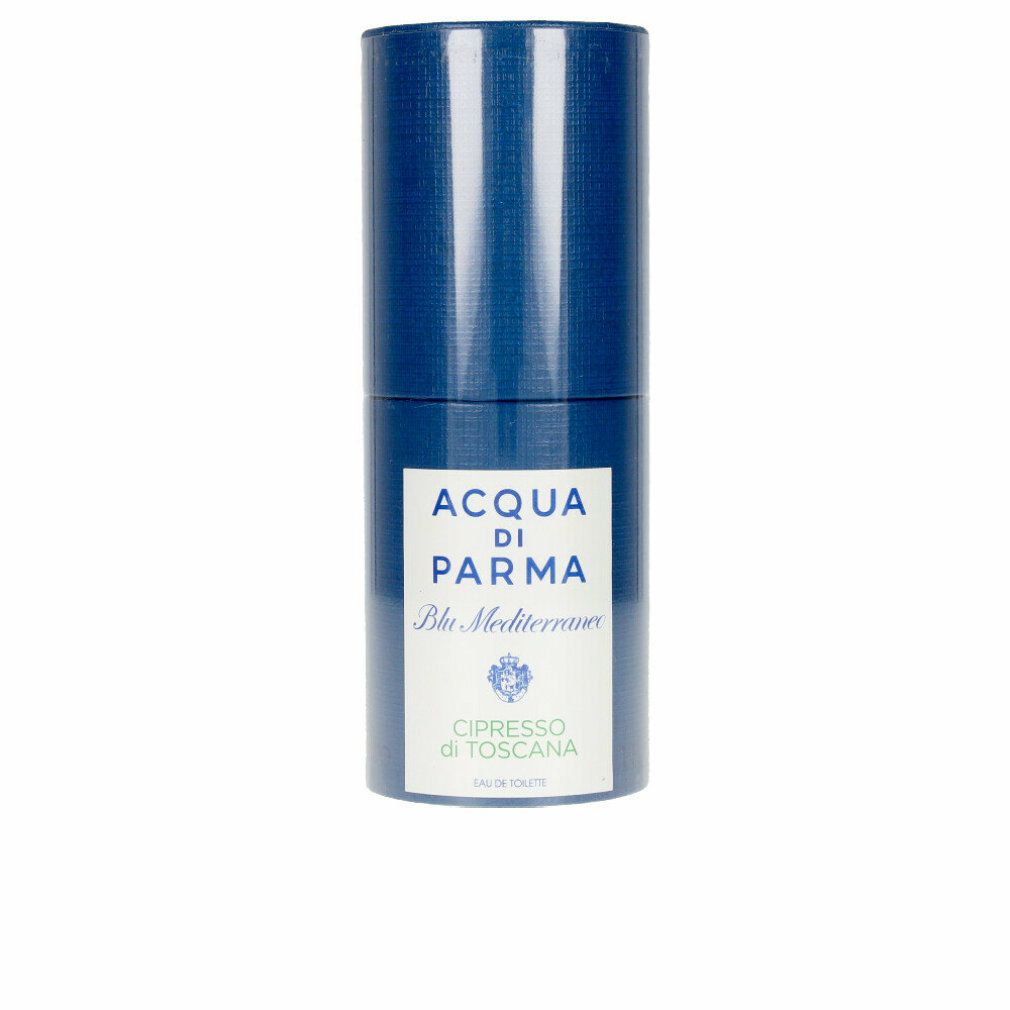 Confezione cilindrica blu con etichetta bianca. L'etichetta riporta "Acqua di Parma Blu Mediterraneo Cipresso di Toscana".