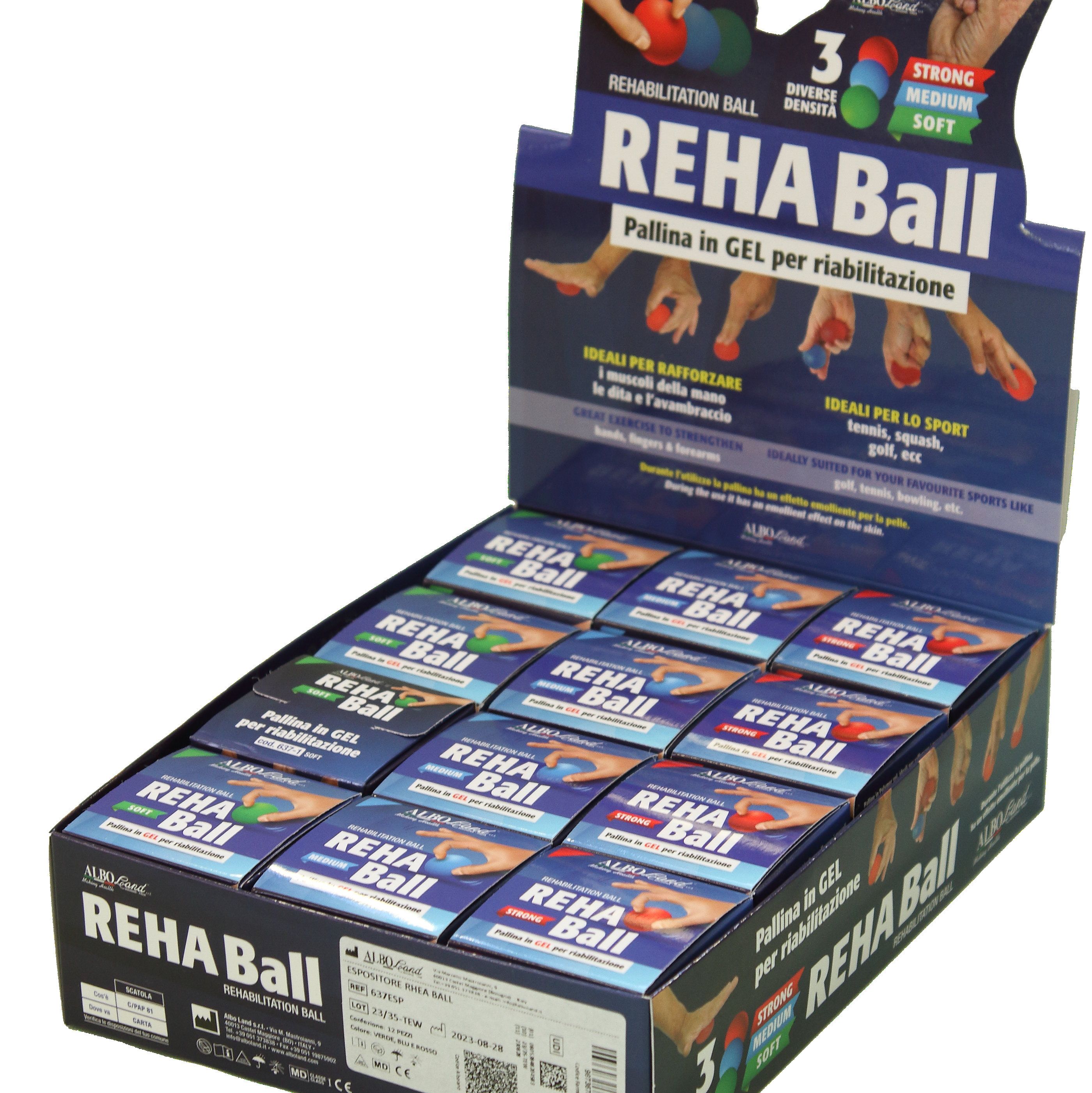 Espositore con confezioni del prodotto. Scatole blu con nome e logo del prodotto. Diverse palline.