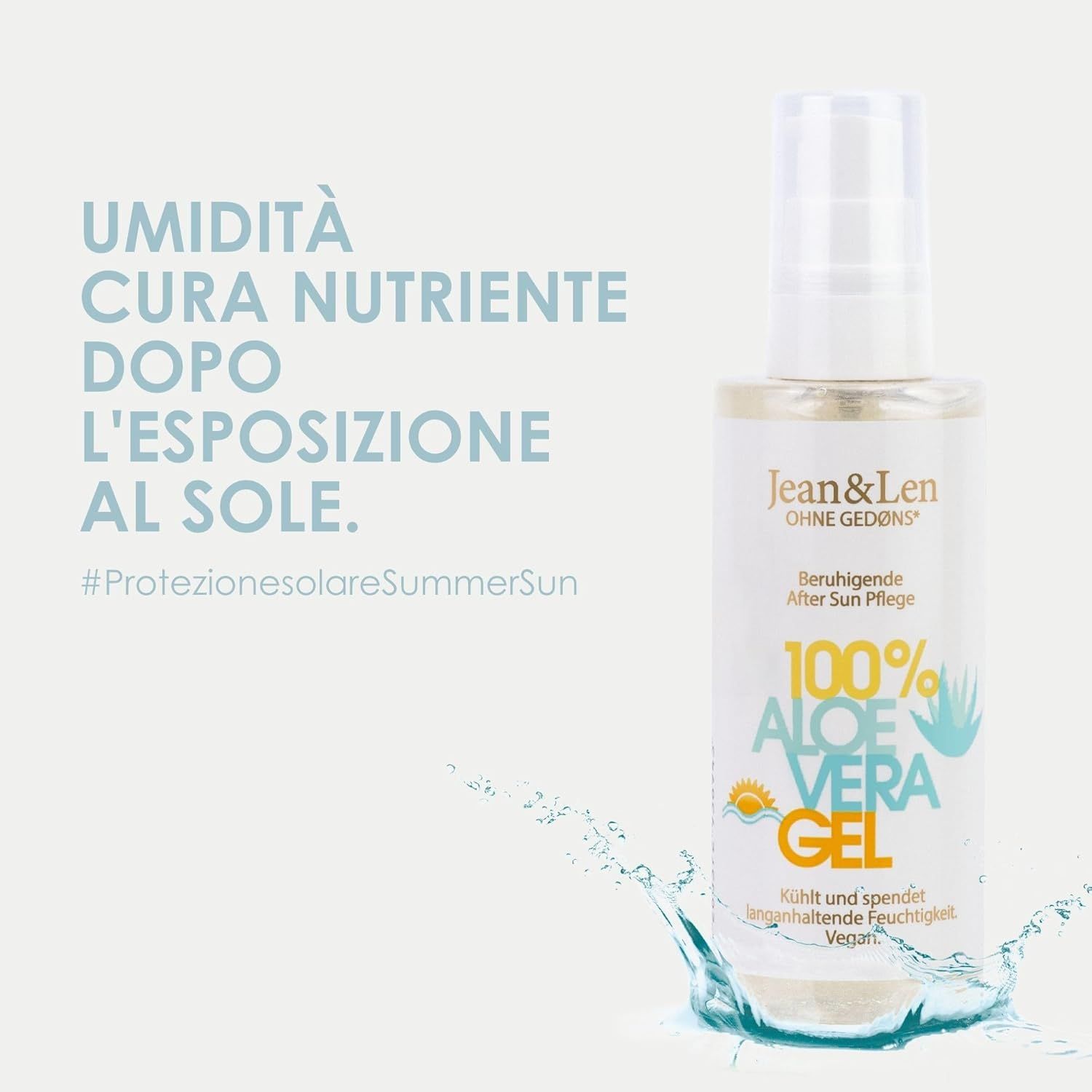 Jean & Len 100% Aloe Vera Gel. Flacone spray. Testo: Umidità cura nutriente dopo l'esposizione al sole. Vegano.