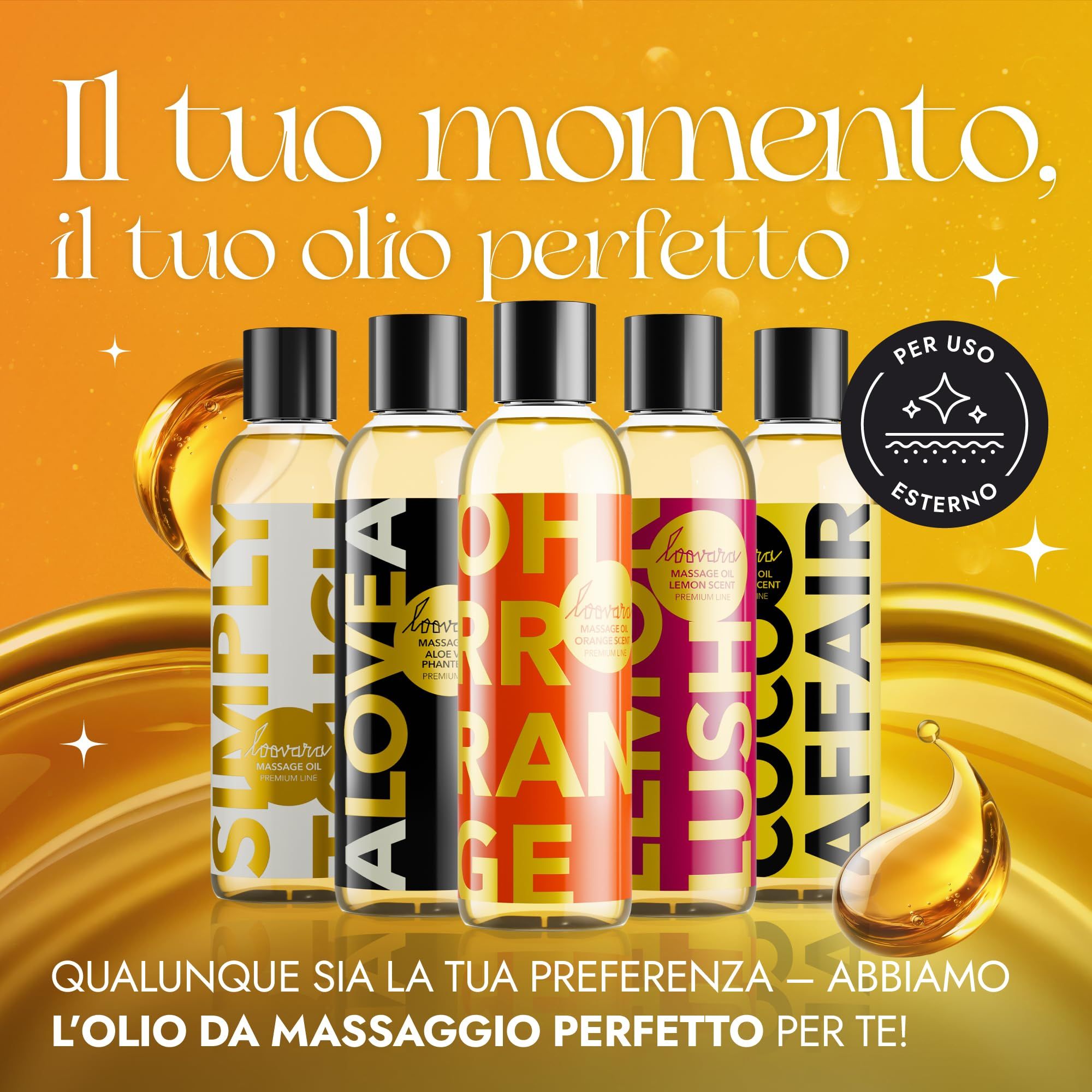 Cinque flaconi di olio da massaggio Loovara in varie fragranze, su sfondo giallo.
