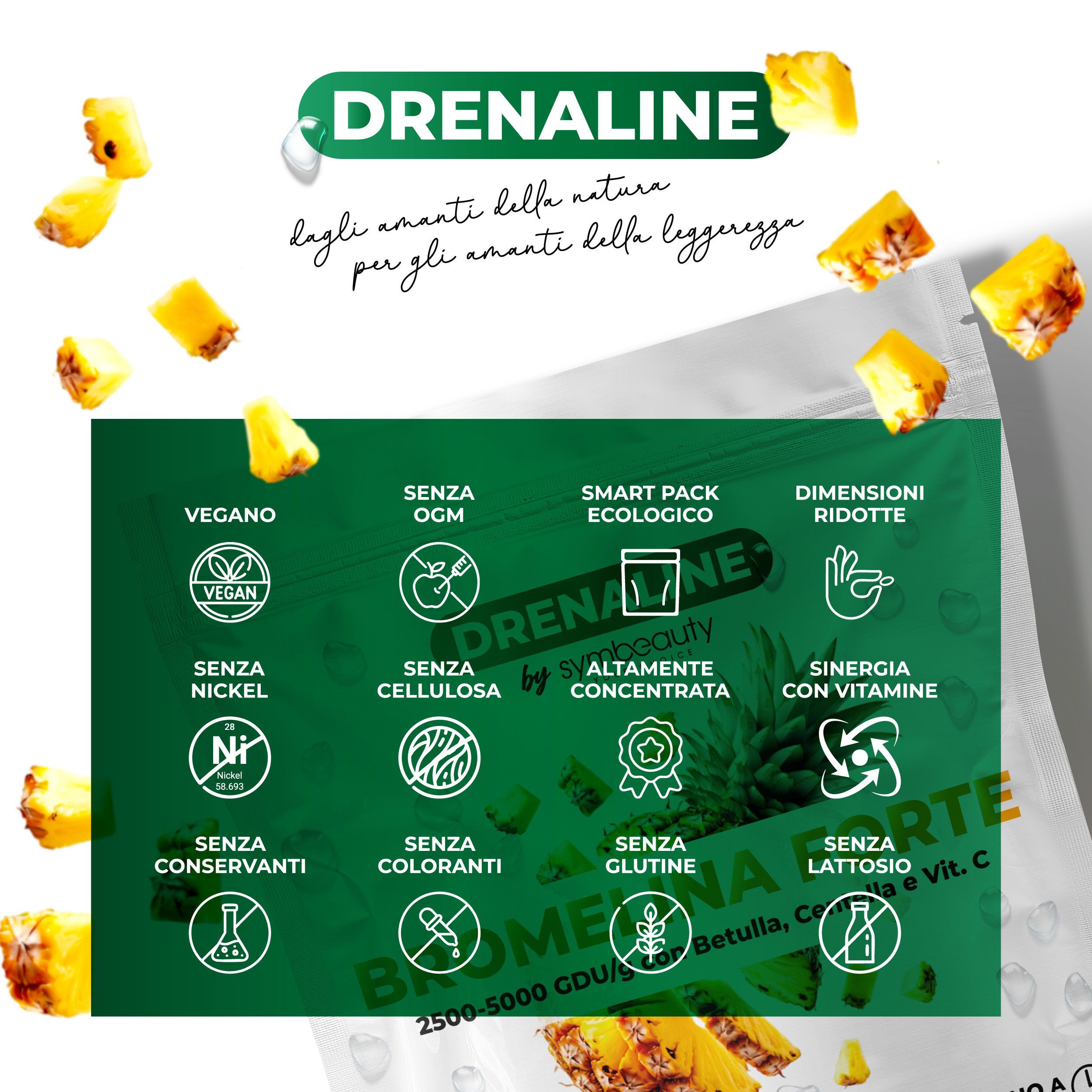 SYMBEAUTY® Bromelina Forte Drenante 2500+5000 GDU GDU con Centella, Betulla e Vitamina C