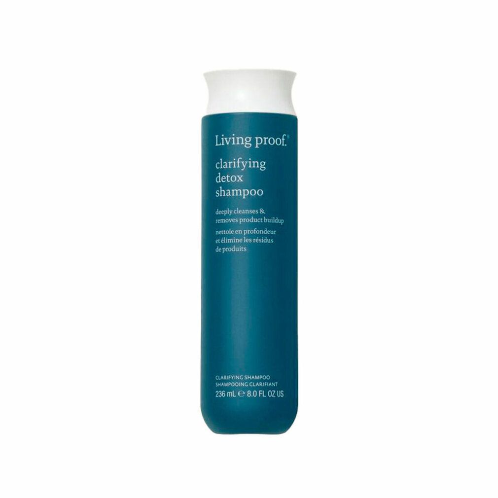 Flacone di shampoo blu turchese con tappo bianco. Scritta: Living Proof, clarifying detox shampoo. 236 ml.