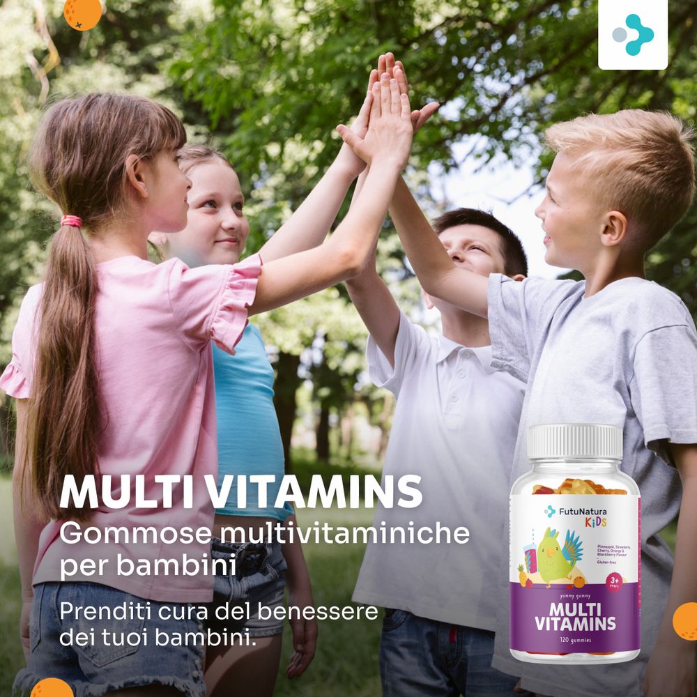 Bottiglia di FutuNatura Kids Multi Vitamins. Bambini si danno il cinque. Testo: Multi Vitamins, Gommose multivitaminiche per bambini.