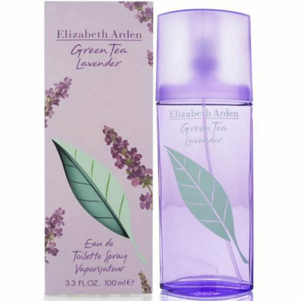 Flacone viola e confezione. Scritta: Green Tea Lavender. Design foglia verde. Confezione con motivo lavanda.