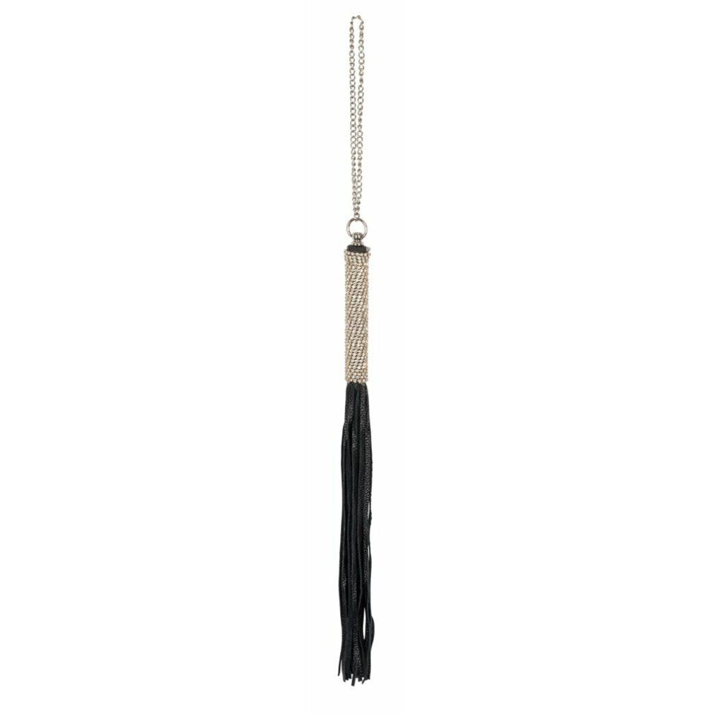 Frusta con frusta in pelle nera e manico argentato con strass. Catena all'estremità.