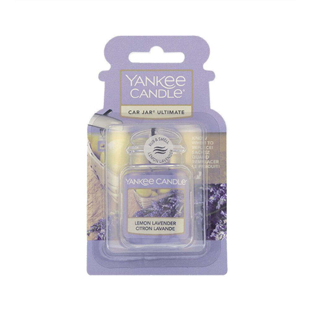 Yankee Candle Car Jar, profumo Lemon Lavender. Contenitore di vetro viola nella confezione. Testo: "Citron Lavande".