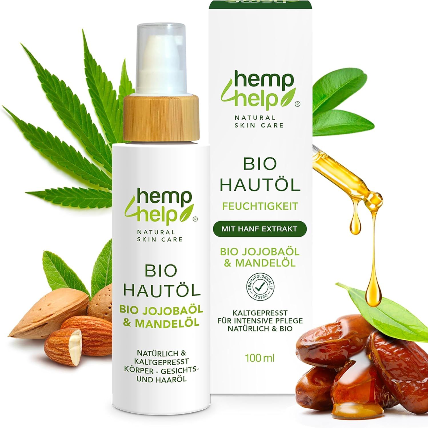 Flacone di olio per la pelle con vaporizzatore e confezione. Foglia di canapa, mandorle, datteri e gocce d'olio. Scritta: Bio Hautöl.