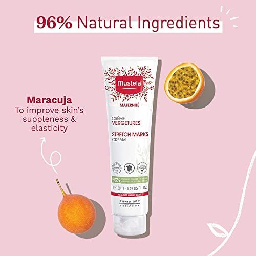 Tubo di crema con scritta. Frutto della passione e metà frutto. Ingredienti naturali. Crema smagliature.