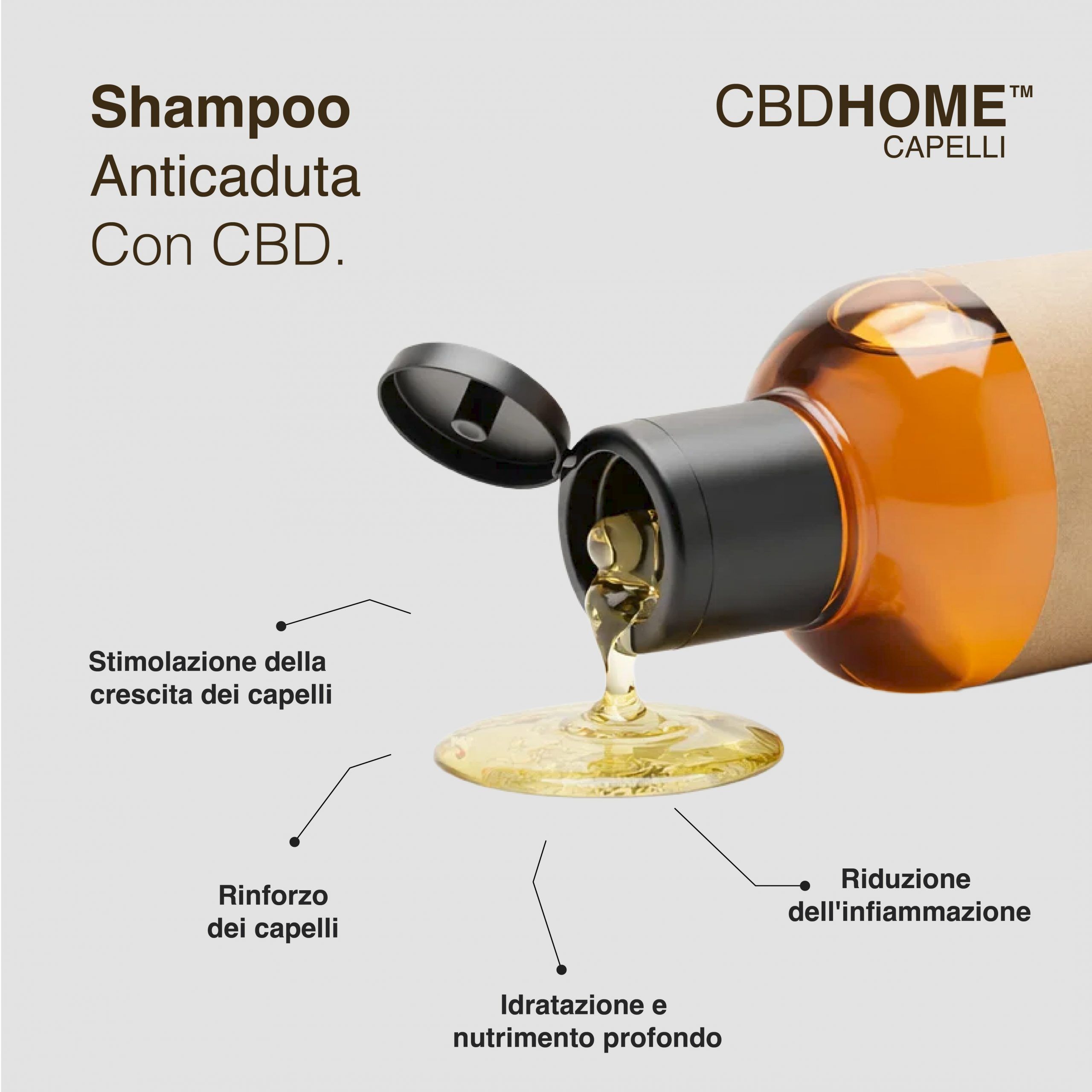 Shampoo CBDHOME Anticaduta con CBD. Stimola la crescita, rinforza e nutre.