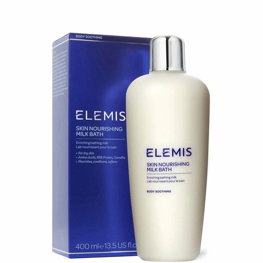 Flacone del prodotto accanto alla confezione blu. Scritta: Elemis Skin Nourishing Milk Bath. Confezione con testo e informazioni.