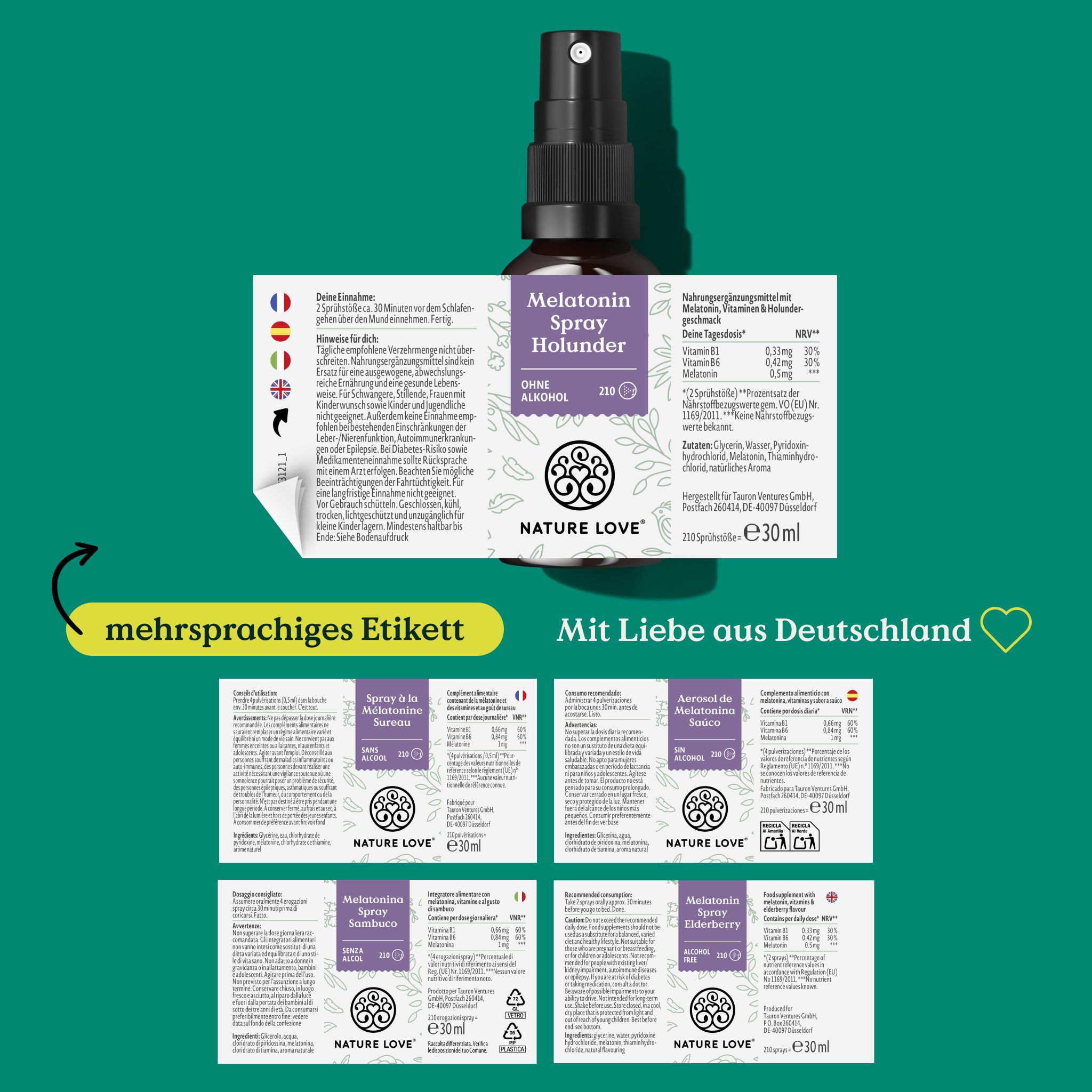 Prodotto con etichetta multilingue. Diverse etichette con informazioni. Marchio: NATURE LOVE®.