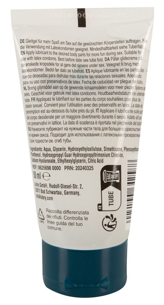 Retro del tubo. Testo multilingue. Ingredienti, indirizzo del produttore, numero di lotto, data di scadenza, simbolo di riciclaggio.