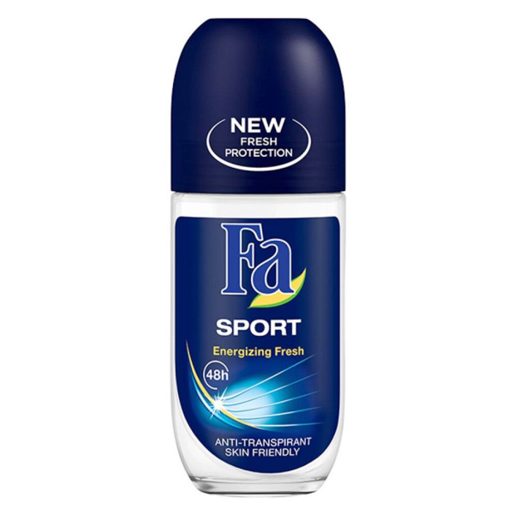 Deodorante roll-on Fa Sport con tappo blu. Scritta: Energizing Fresh, protezione 48h, anti-traspirante, delicato.