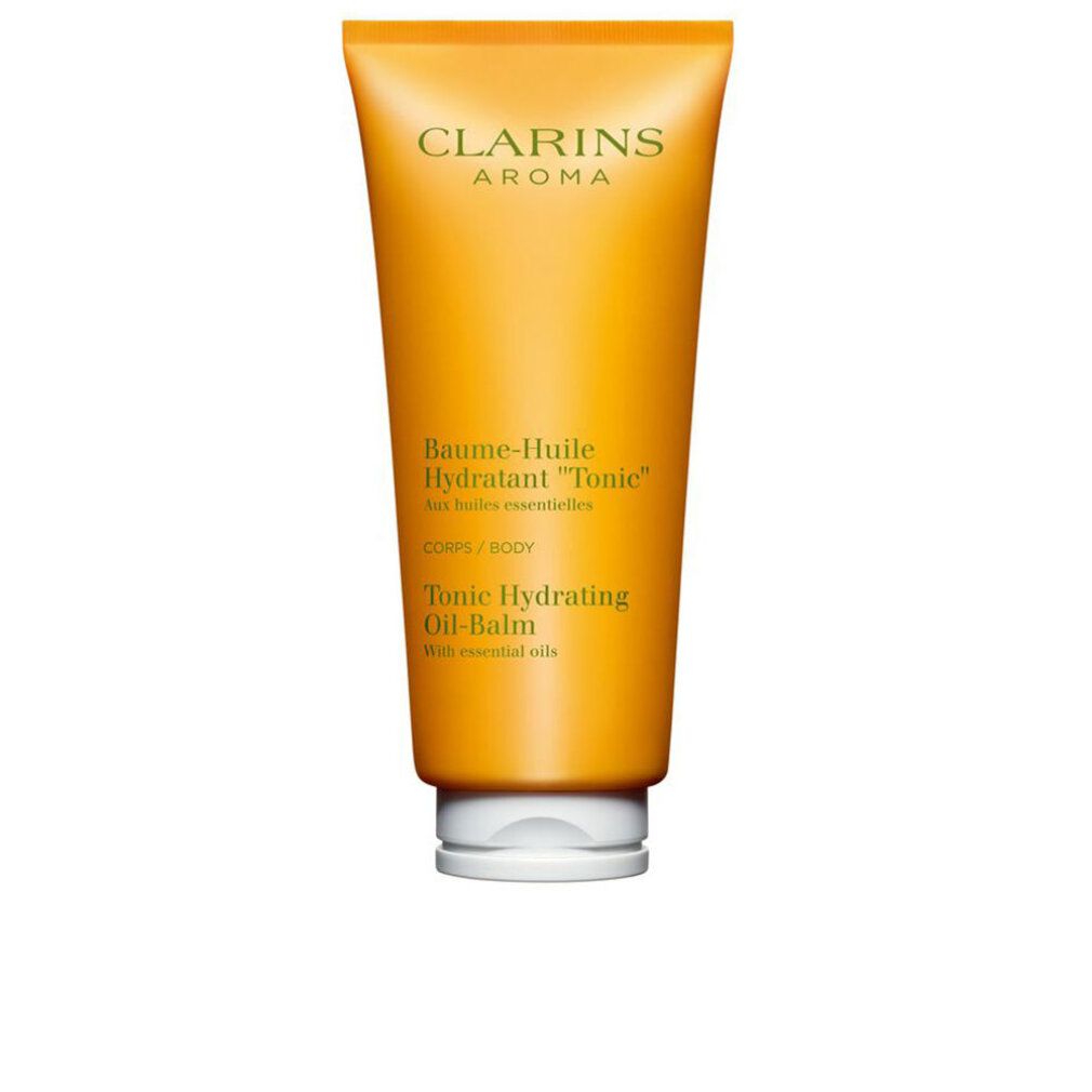 Tubo giallo-arancio. Nome del prodotto e marchio Clarins Aroma. Tappo bianco.