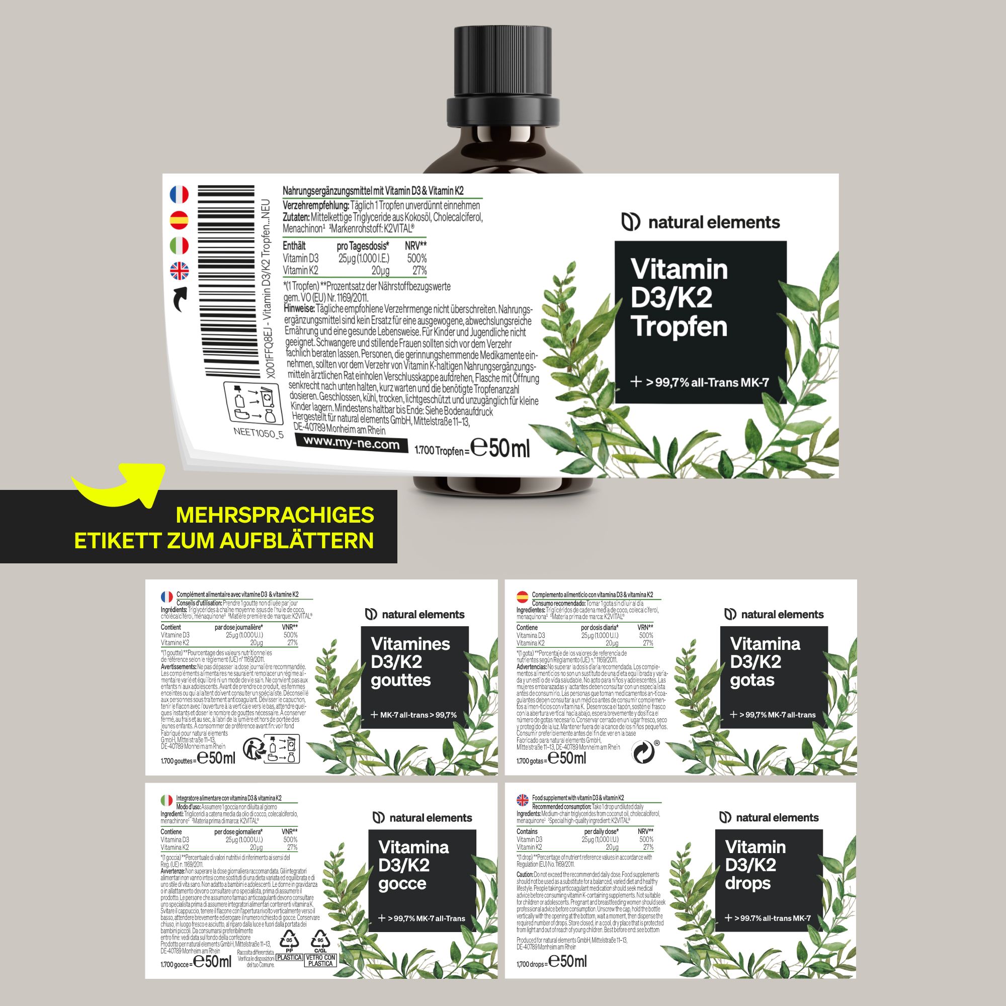 Flacone con etichetta. Etichette multilingue con informazioni sul prodotto. Nome prodotto: Vitamin D3/K2 Tropfen.