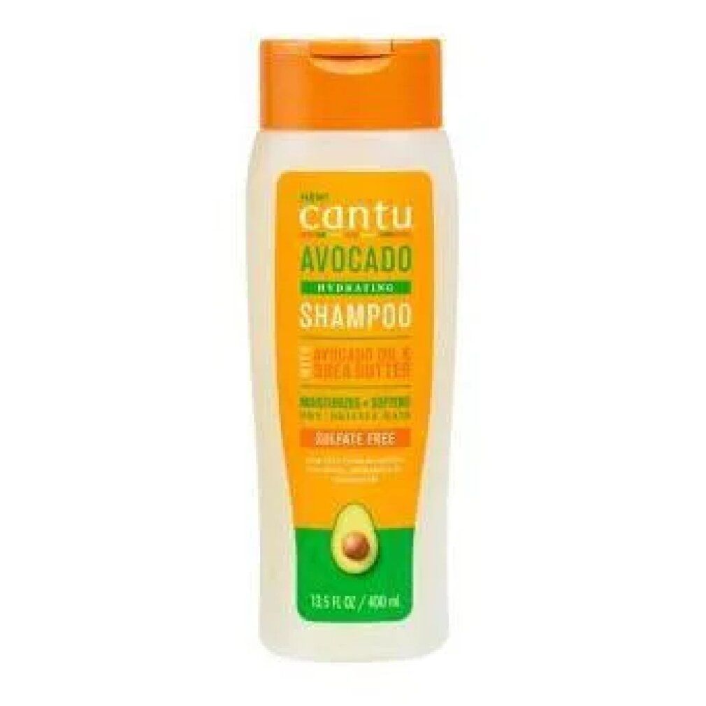 Flacone di shampoo idratante Cantu Avocado. Tappo arancione, contenitore bianco, etichetta verde con informazioni e illustrazione avocado.