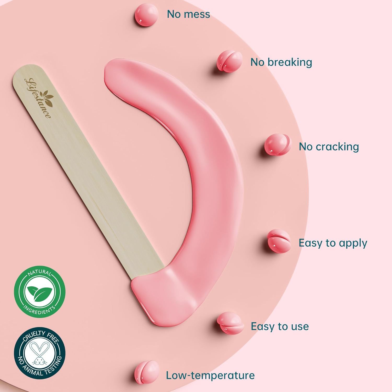 Perle di cera rosa, spatola e cera. Testo: Nessun pasticcio, nessuna rottura, nessuna screpolatura, facile da applicare, facile da usare.