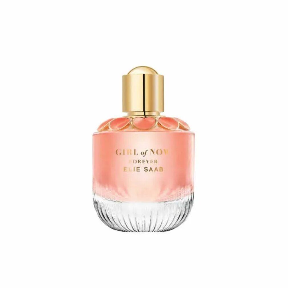 Flacone di profumo con liquido rosa, tappo dorato e design floreale. Scritta: GIRL OF NOW FOREVER ELIE SAAB.