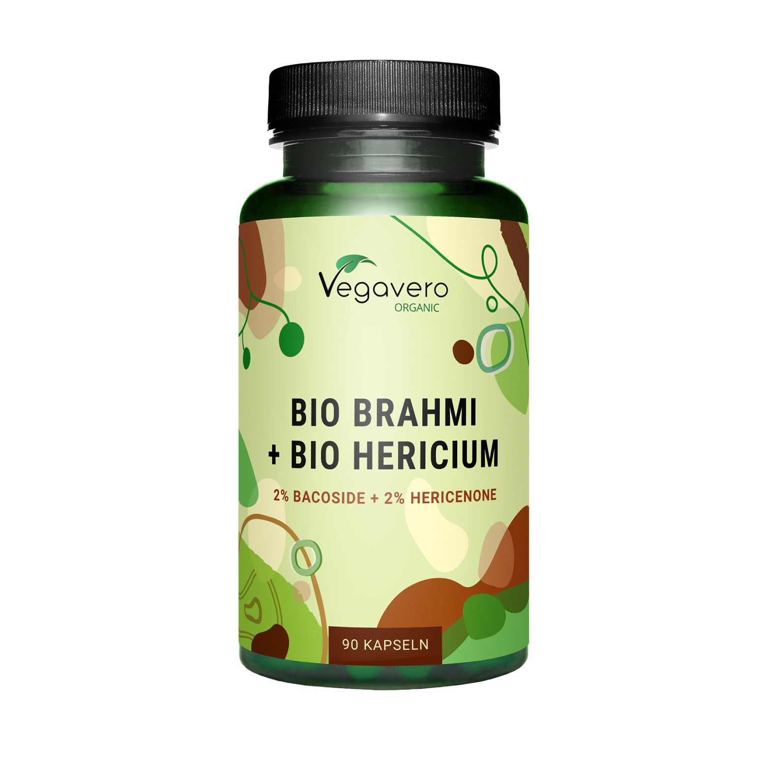 Flacone marrone di capsule, tappo nero. Scritta: Vegavaro Organic, BIO Brahmi + BIO Hericium, 90 capsule.