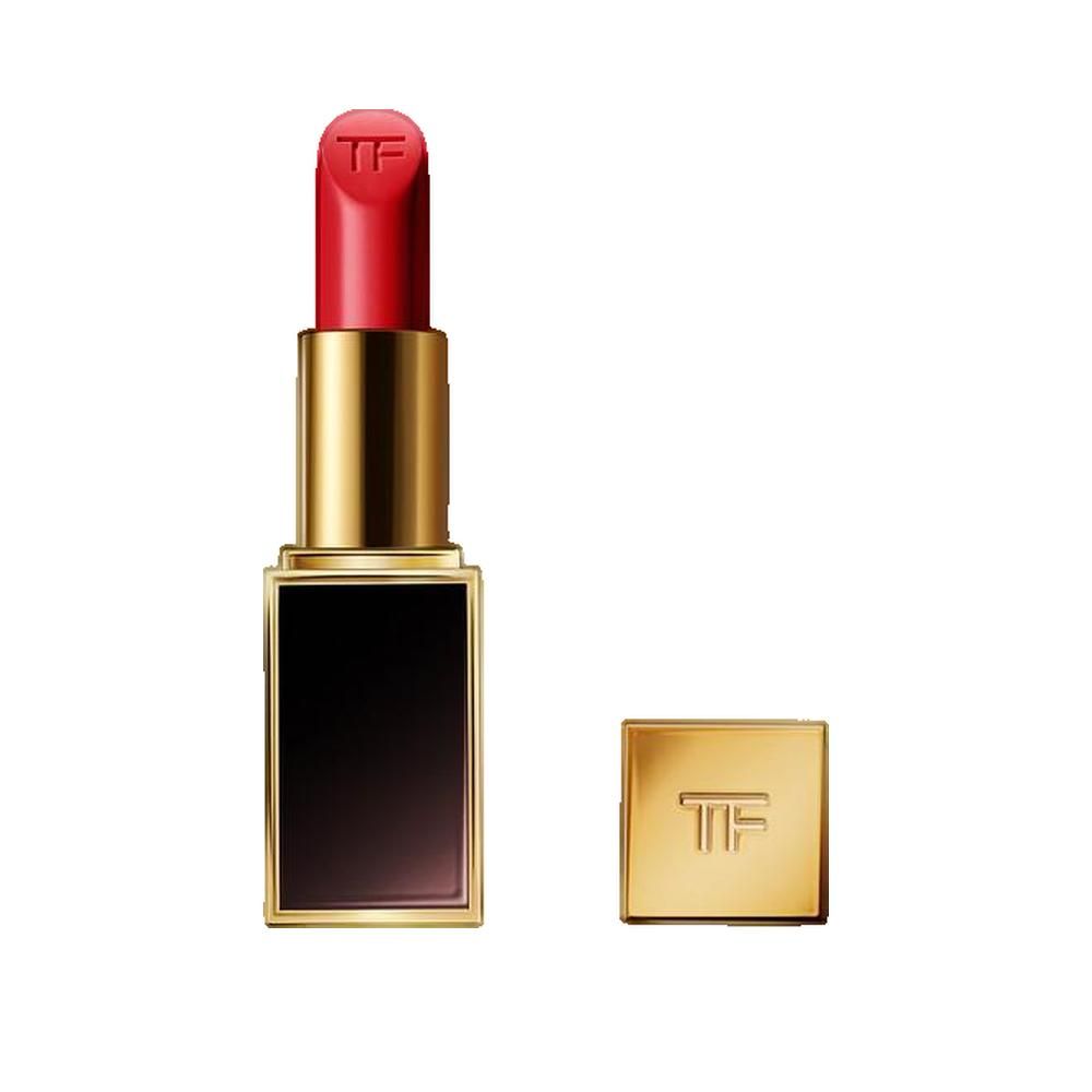 Rossetto rosso in astuccio dorato. Tappo accanto. Base nera. Logo TF sul tappo.