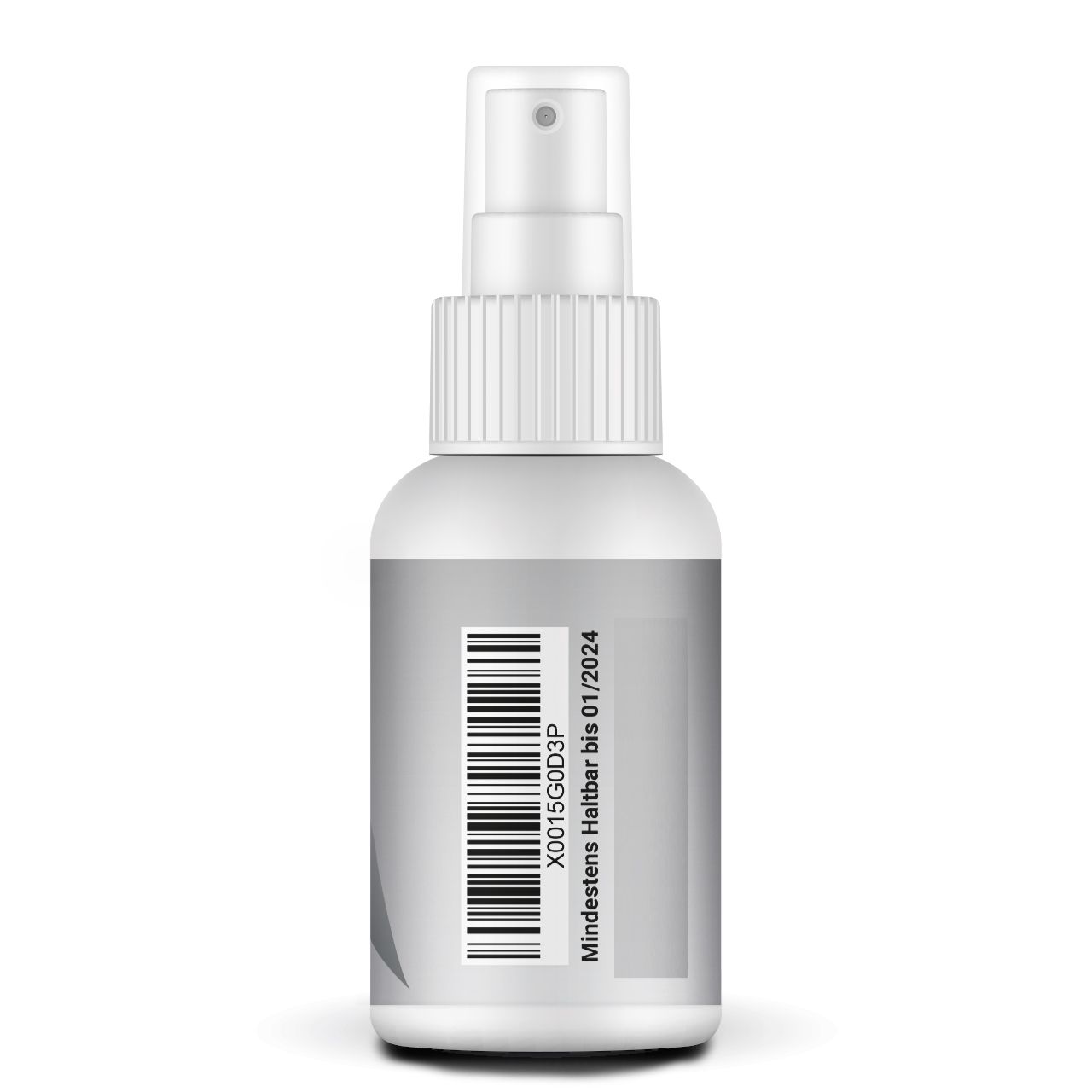 Retro di un flacone spray bianco con codice a barre e testo: Da consumarsi preferibilmente entro 01/2024. Codice prodotto: X0015G0D3P.