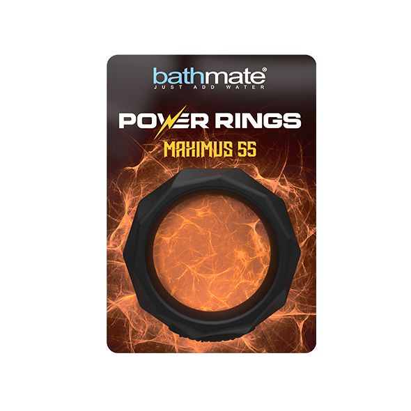 Confezione con anello nero. Testo: Bathmate, Power Rings Maximus 55.