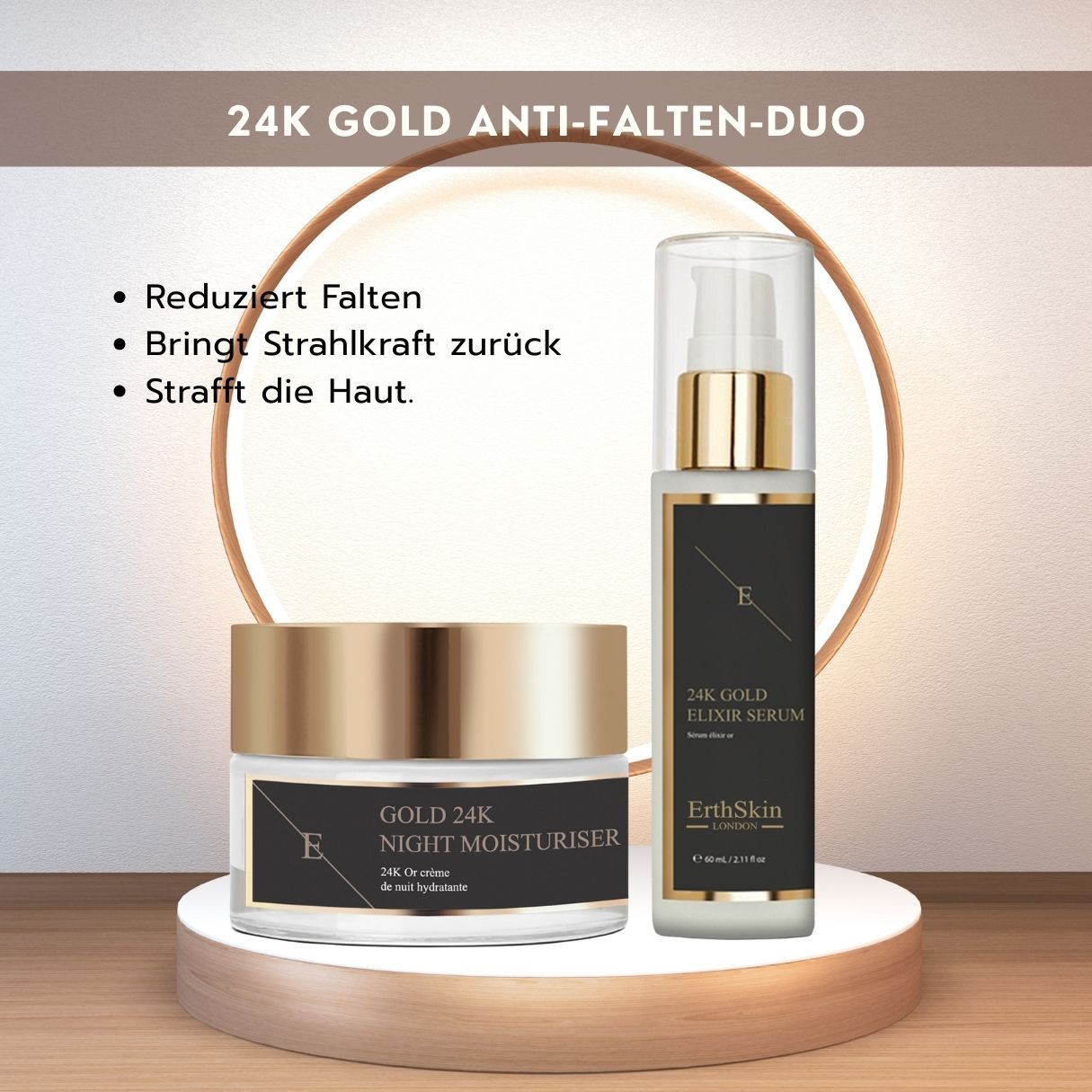 Duo anti-rughe ErthSkin London Oro 24K: siero e crema idratante notte.
