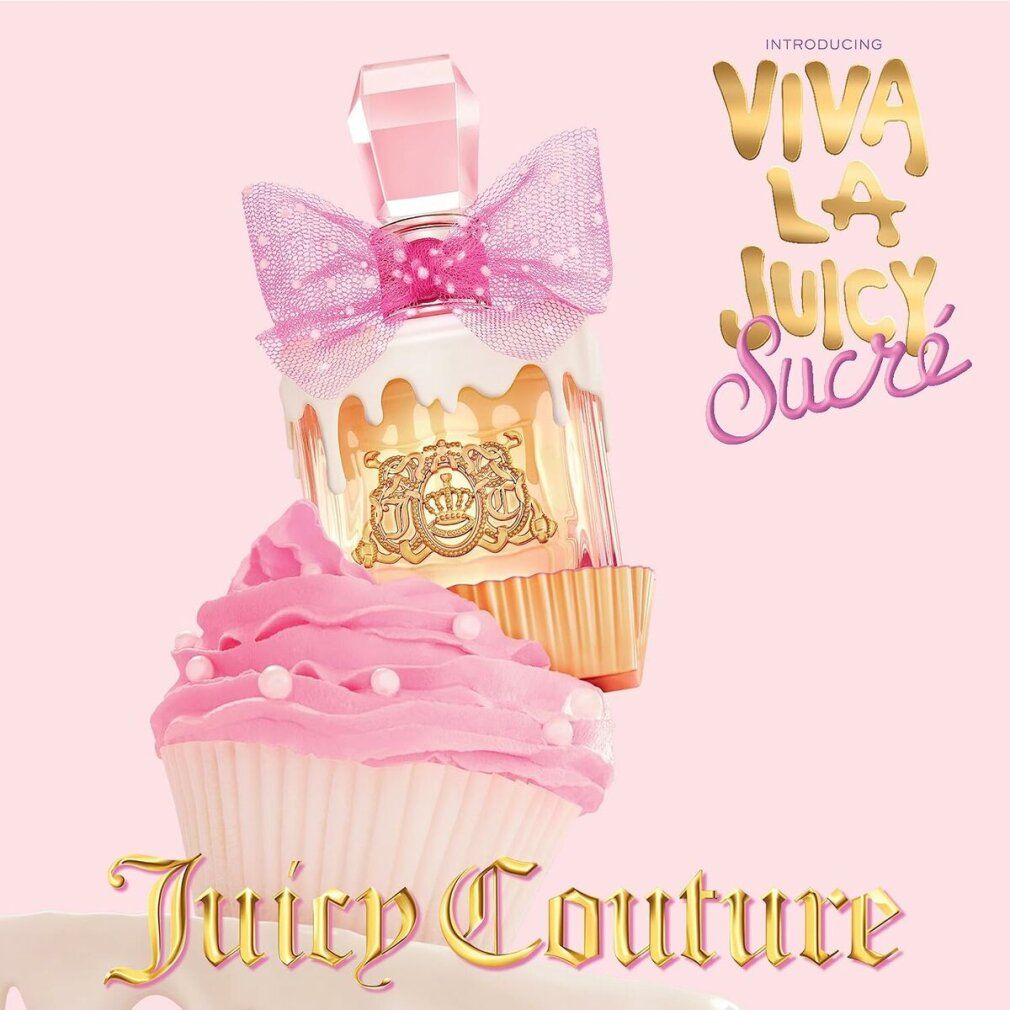 Flacone di profumo con fiocco rosa e base dorata, accanto a un cupcake. Testo: Viva La Juicy Sucre e Juicy Couture.