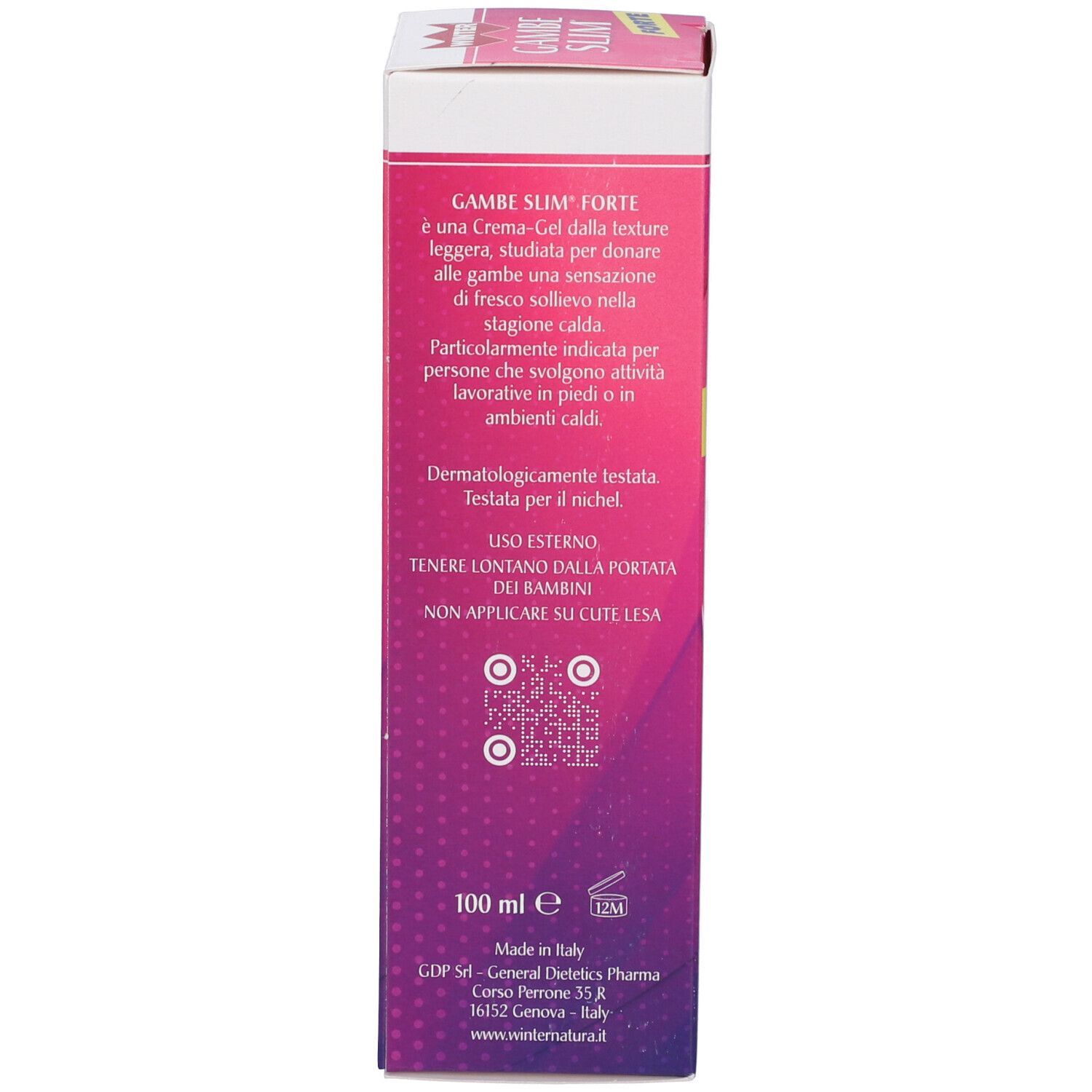 Retro della confezione Winter Gambe Slim Forte. Testo in italiano. Contiene informazioni e codice QR. 100 ml.
