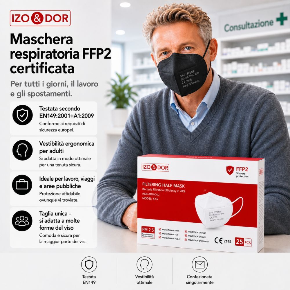 Donna con maschera FFP2 nera. Confezione mostra protezione 5 strati, certificazione CE.