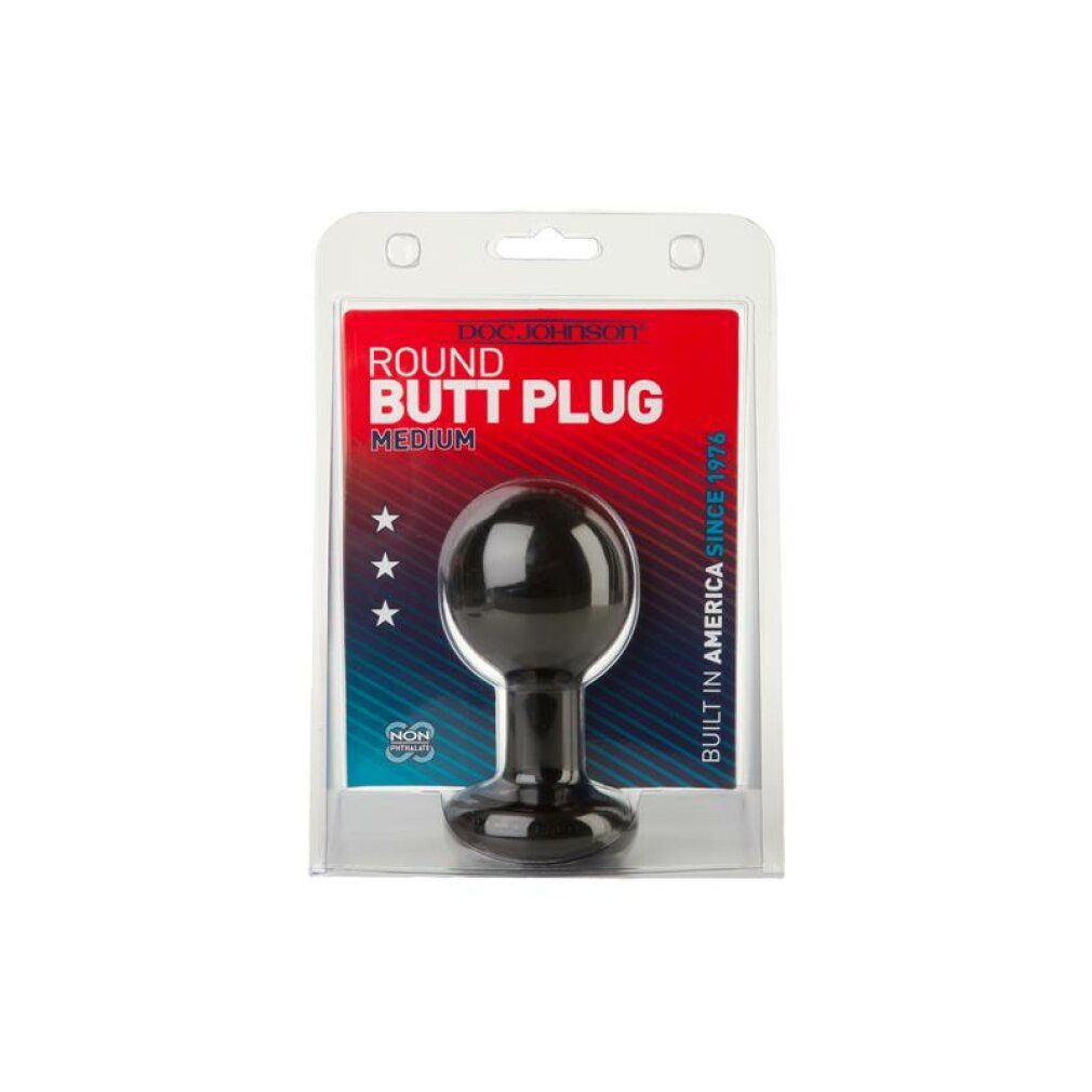 Confezione con plug anale nero. Scritta rossa e bianca: 'ROUND BUTT PLUG MEDIUM'.