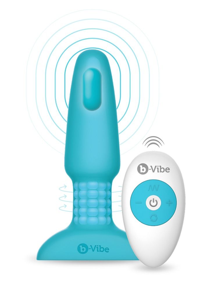 Plug anale blu e telecomando. Scritta: B-vibe.