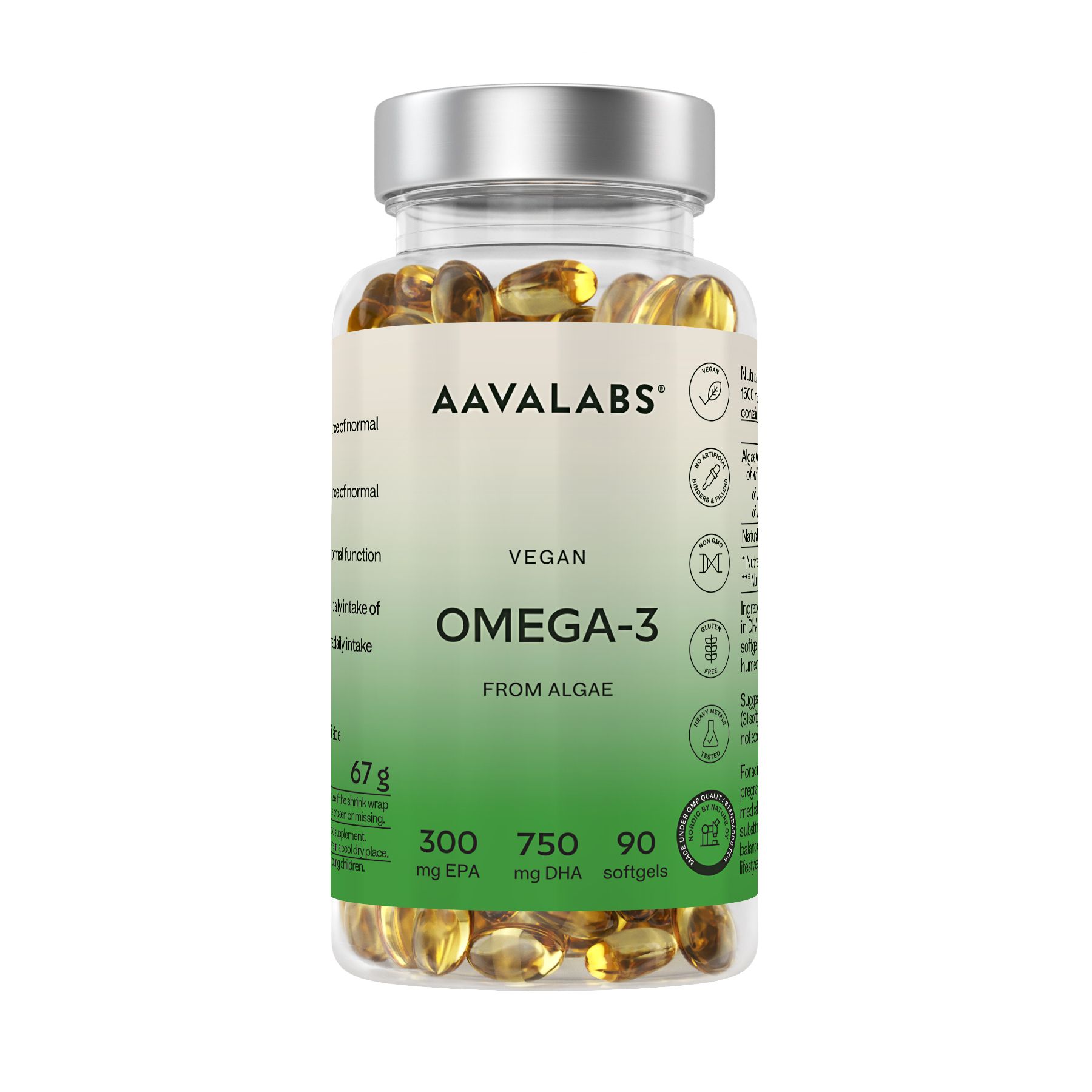 Capsule trasparenti in bottiglia trasparente. Scritta: Vegan Omega-3. 300 mg EPA, 750 mg DHA. Tappo a vite.