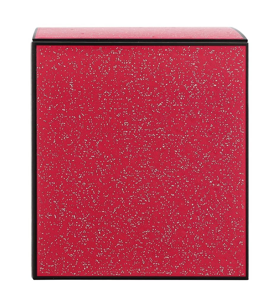 Confezione quadrata rossa con bordi neri e punti bianchi. Scritta: Jimmy Choo Blossom.