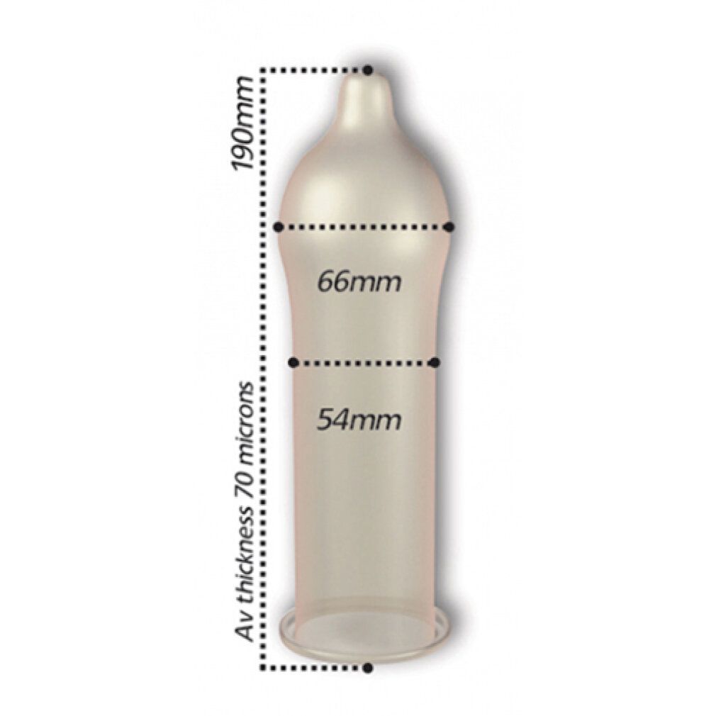 Preservativo trasparente con dimensioni: 190mm lungo, 66mm largo, 54mm largo, spessore 70 micron.