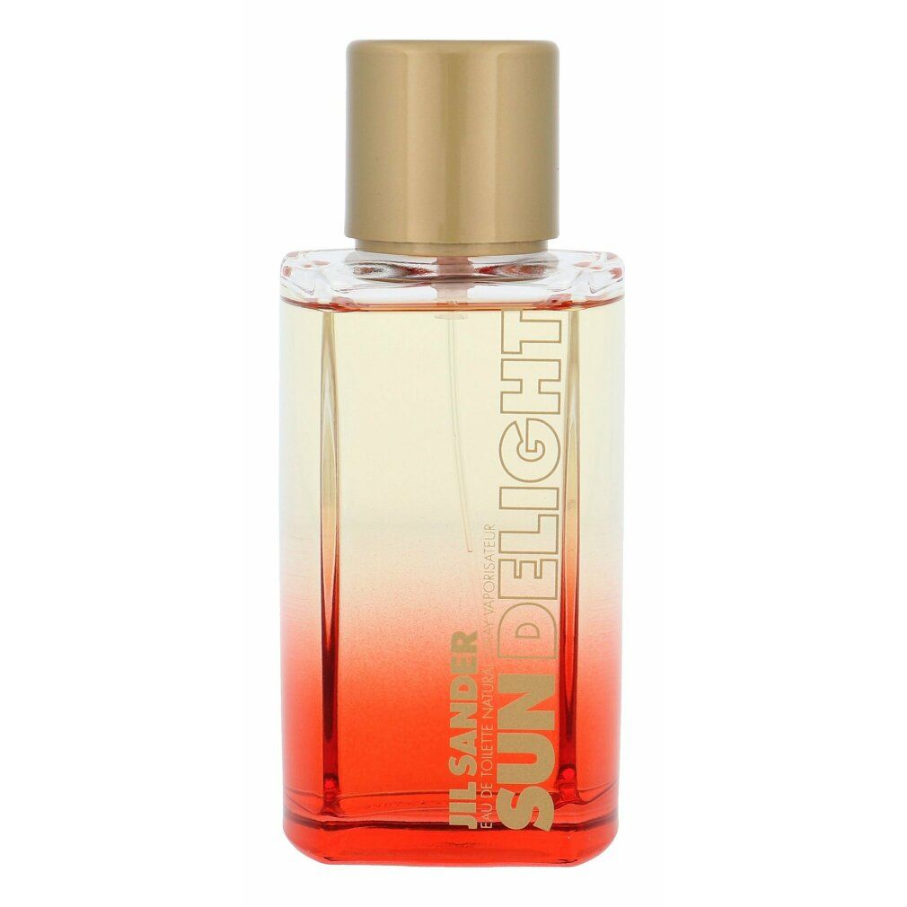 Flacone in vetro con tappo dorato. Scritta SUN DELIGHT. Sfumatura di colore da trasparente a rosso.