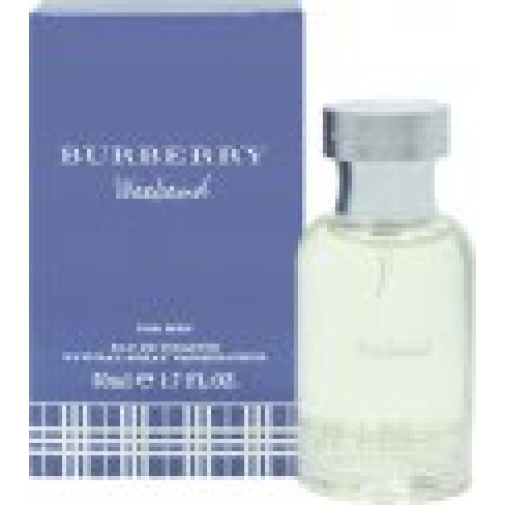 Burberry Weekend Eau de Toilette Spray da uomo. Flacone e confezione blu. Scritta: Burberry Weekend, 50ml.