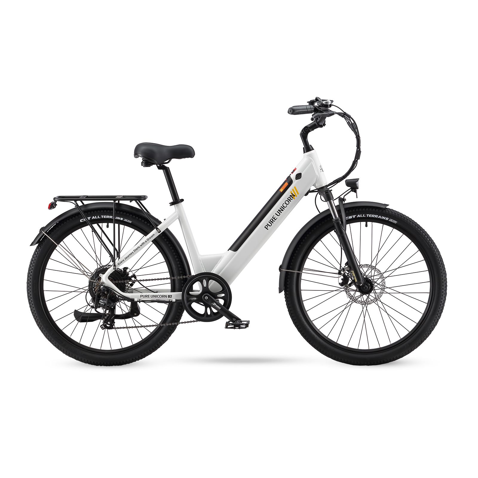 E-bike bianca con pneumatici neri e dettagli. Marca PURE UNICORN. Portapacchi e parafanghi.
