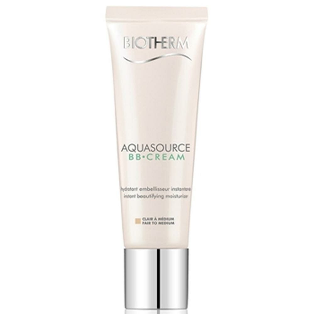 Tubo BIOTHERM AQUASOURCE BB CREAM. Fair to Medium. Tubo bianco con tappo argentato. Nome e tonalità.