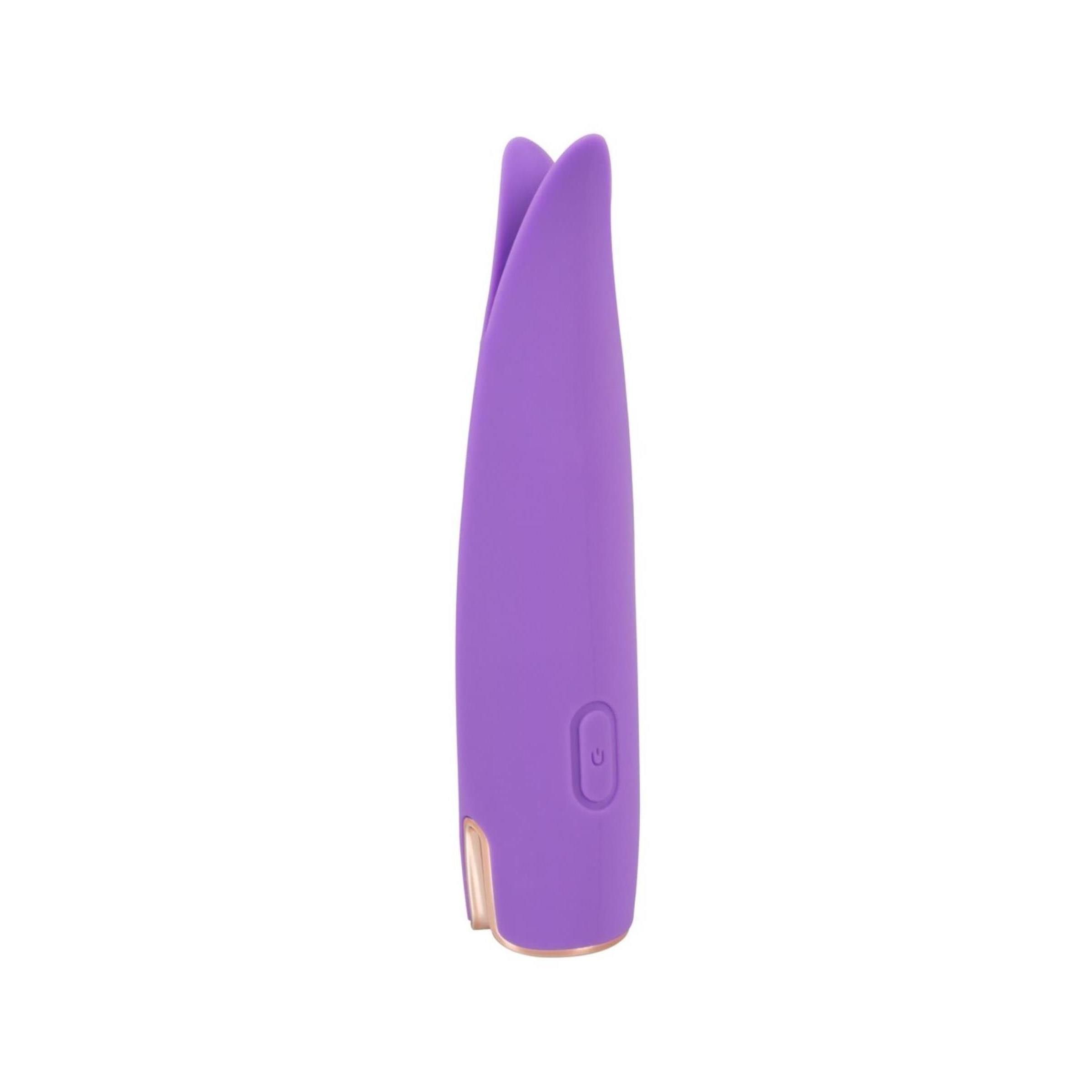 Stimolatore viola con dettagli dorati. Forma a due petali. Pulsante e base dorata.
