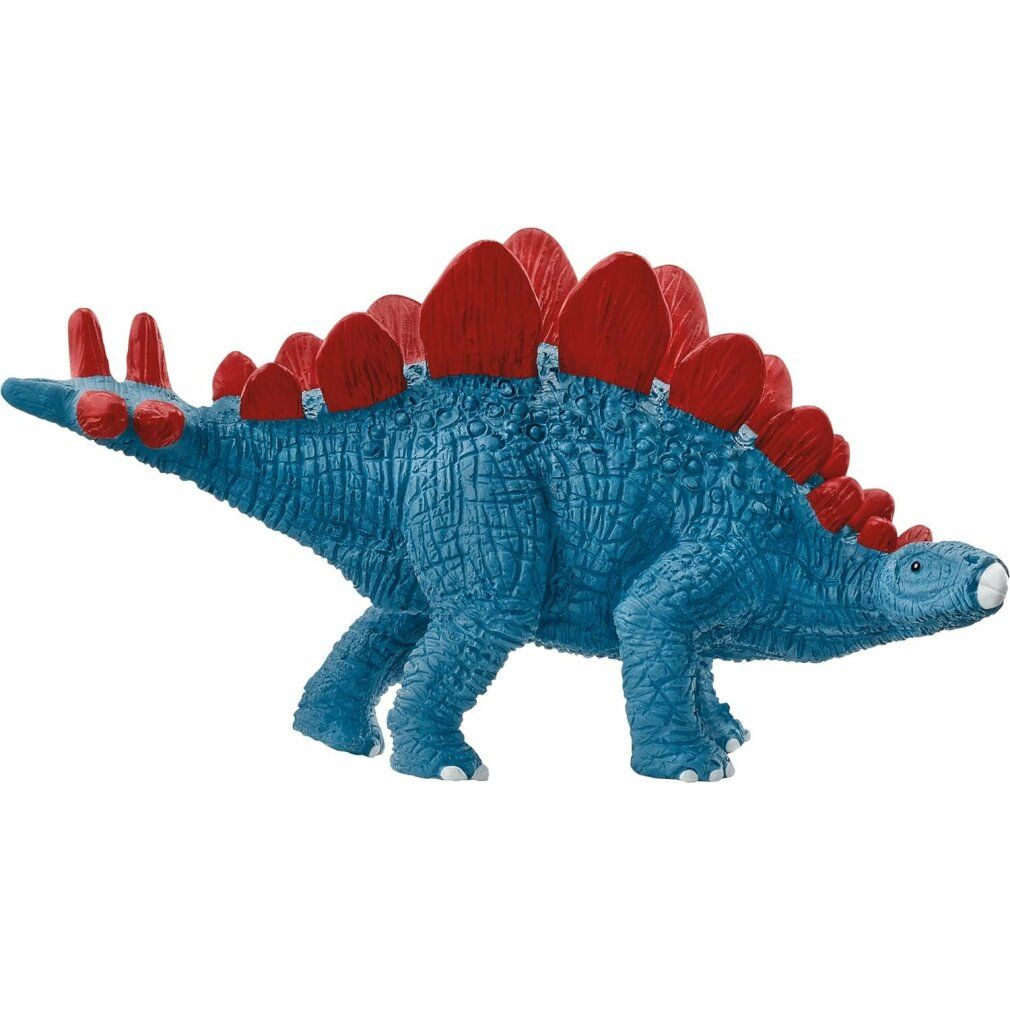 Figura di dinosauro blu con placche rosse sul dorso. Rappresentazione dettagliata. Marchio: Schleich.