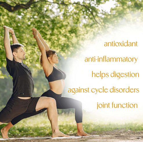 Uomo e donna in posa yoga all'aperto, con testo sui benefici per la salute.