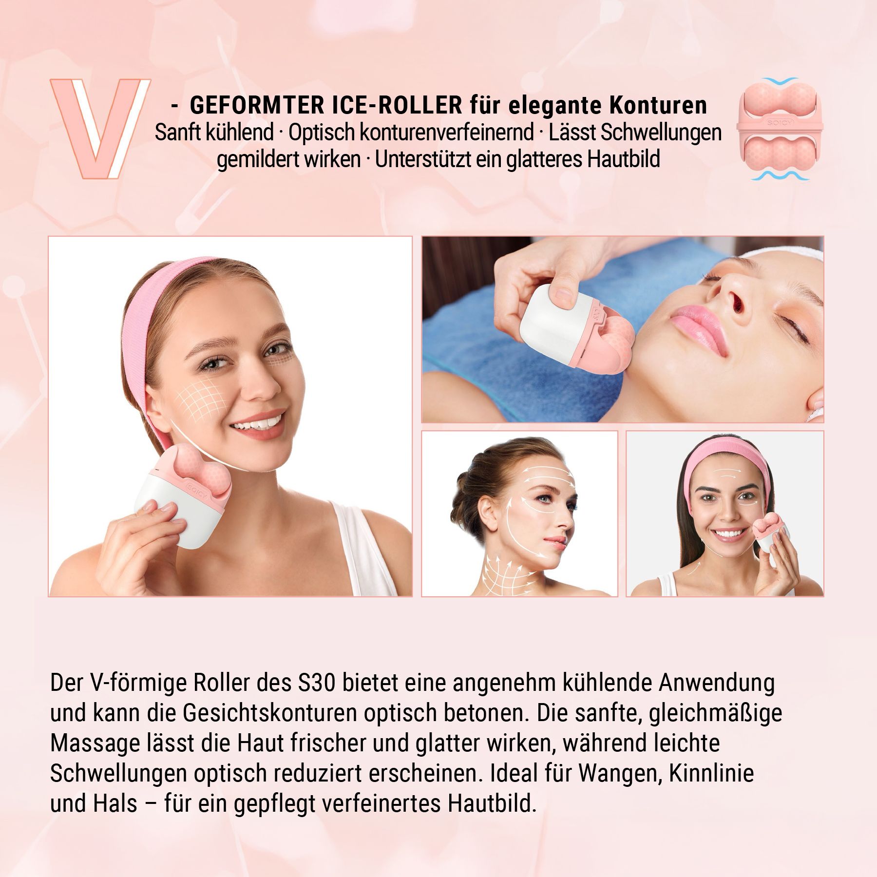 Le donne usano i rulli di ghiaccio. Scritta: SOICY. Testina a rullo a forma di V. Contorni del viso.