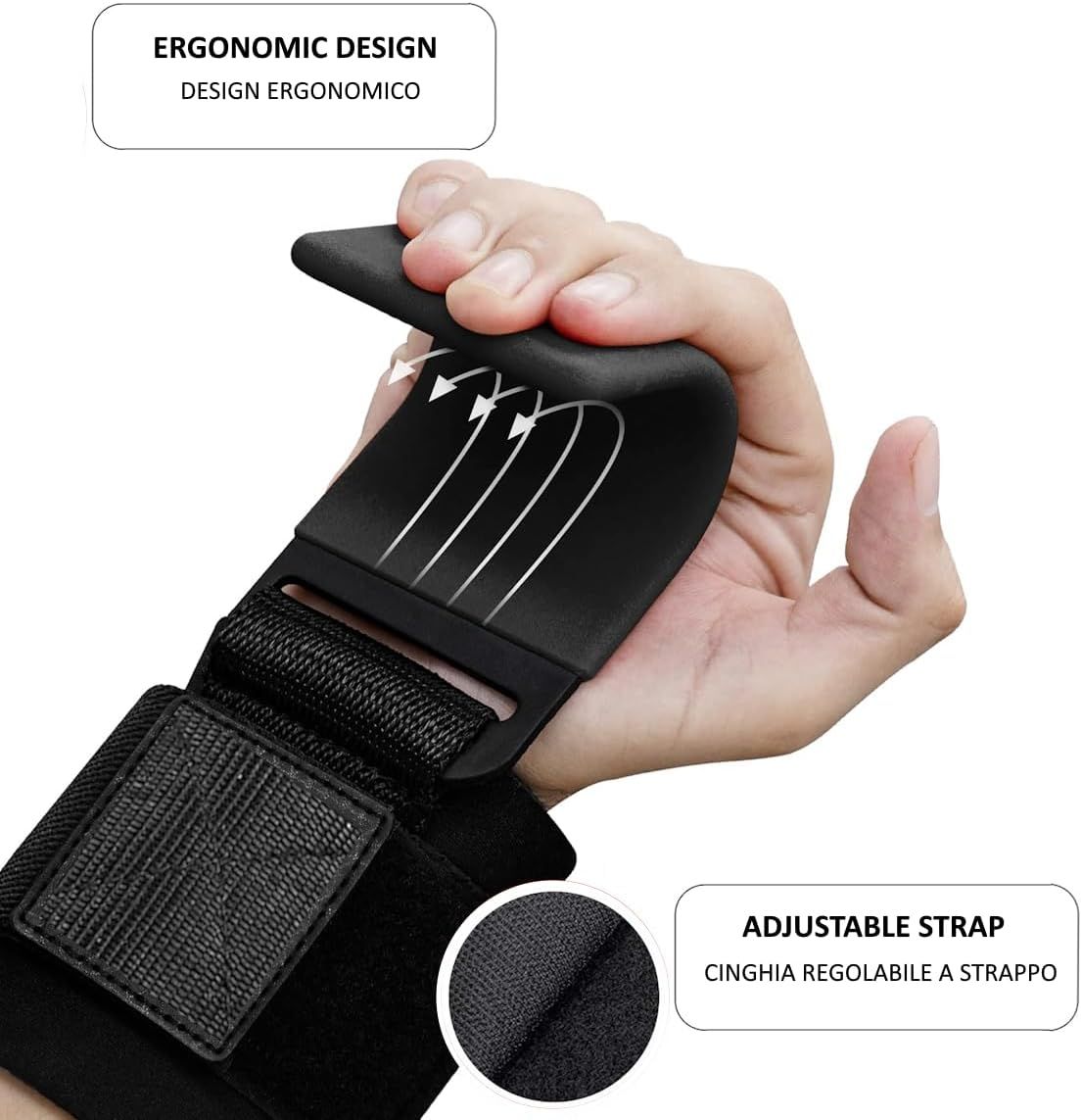 Cinghia per sollevamento pesi nera al polso. Testo: Design ergonomico, cinghia regolabile.