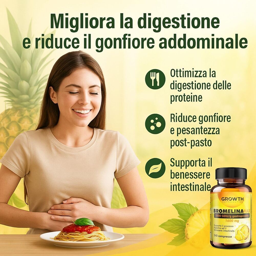 Donna con piatto di spaghetti e flacone Bromelina. Testo: Migliora la digestione e riduce il gonfiore. Prodotto: GROWTH Bromelina MAX.