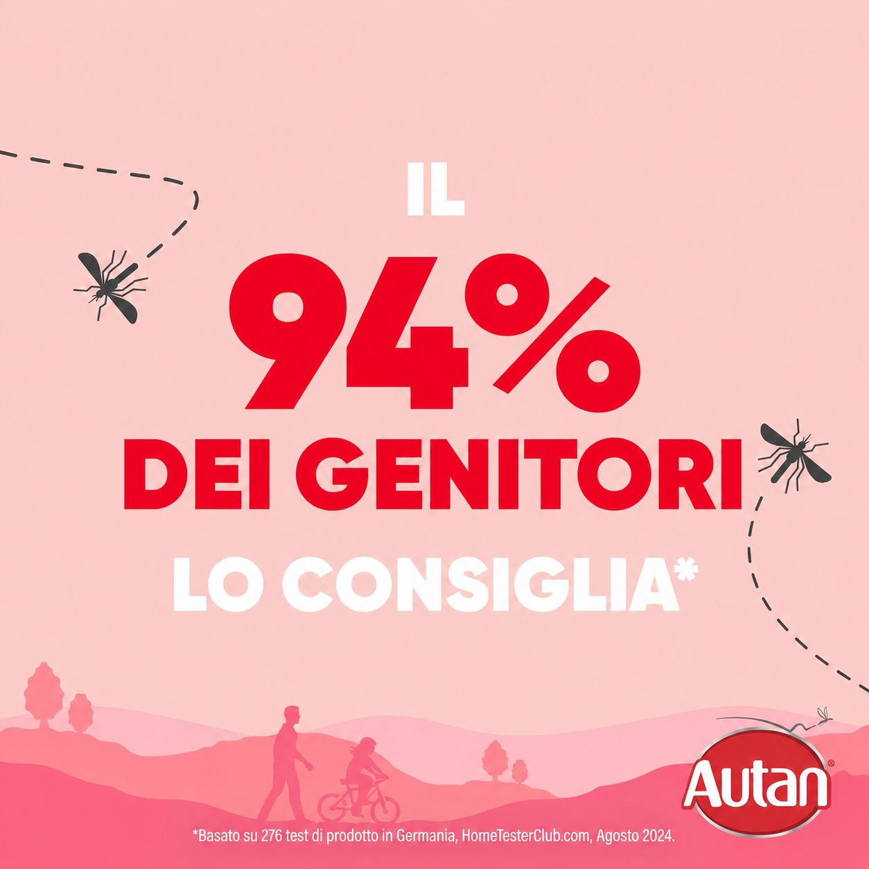 Raccomandato dal 94% dei genitori. Logo Autan. Testo e illustrazioni su sfondo rosa.