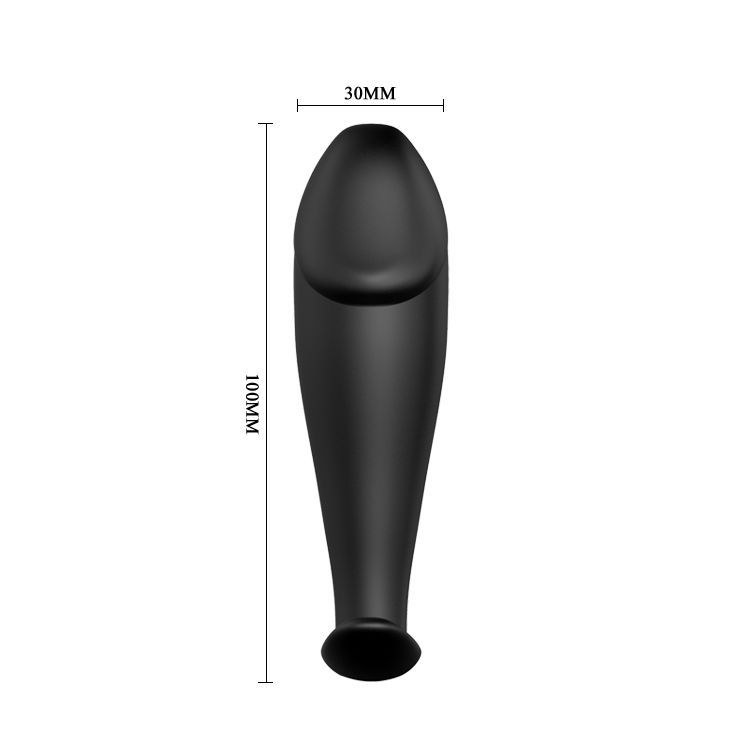 Plug anale nero in silicone. Forma di pene. Dimensioni: 100 mm di lunghezza, 30 mm di larghezza.