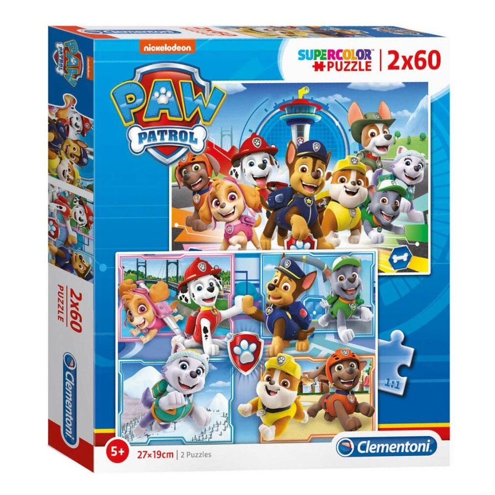 Puzzle Clementoni Paw Patrol, 2x60 pezzi. Confezione con motivi Paw Patrol. Per bambini dai 5 anni in su. Dimensioni: 27x19cm. Marchio Clementoni.