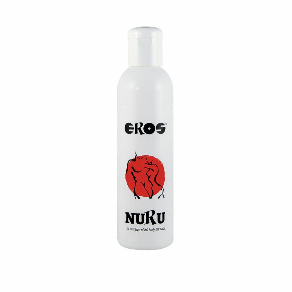 Flacone bianco con tappo a ribalta. Stampa: « EROS » e « NURU » con illustrazione rossa. Testo: « The new type of full body massage ».
