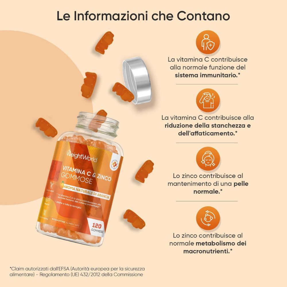 Weightworld Vitamin C & Zink Gummibärchen. Bottiglia, caramelle gommose, testo. 120 caramelle gommose. Vantaggi.